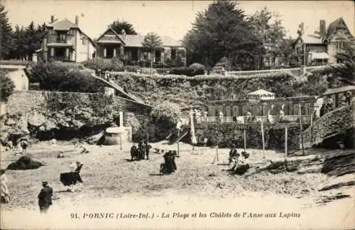 Ak Pornic Loire Atlantique, Strand, Chalets, Badegäste, Küstenlandschaft