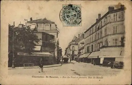 Ak Charenton Saint Maurice Val de Marne, Strasse Rue du Pont et montée, geschäftige Szenerie, alt