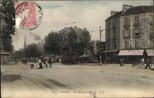 Ak Pantin Seine Saint Denis, PANTIN, Les Quatre-Chemins, Straßenansicht, Menschen, Gebäude