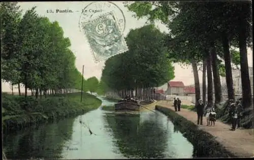 Ak Pantin Seine Saint Denis, Fluss mit Booten, Bäume, Spaziergänger am Ufer, Haus im Hintergrund
