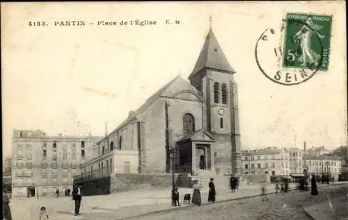 Ak Pantin Seine Saint Denis, Place de l'Église, Kirche,  Architektur, postale Ansicht, Poststempe