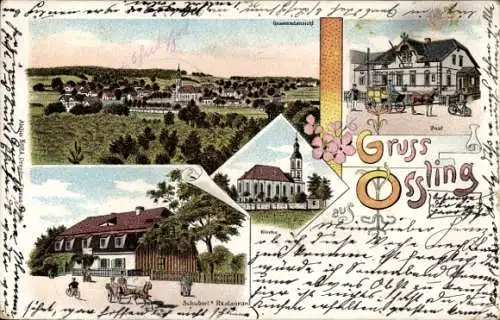 Litho Oßling Ossling in der Oberlausitz, Kirche, Schuberts Restaurant, Post, Panorama