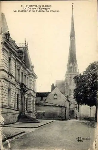 Ak Pithiviers Loiret, Caisse d'Epargne, Kirchturm, Kirche, Stadtansicht