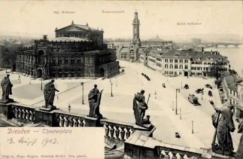 Ak Dresden Altstadt, Kgl. Hofoper, Fernmeldeturm, Hotel Bellevue, Theaterplatz