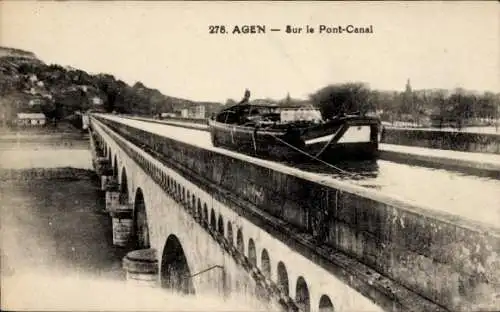 Ak Agen Lot et Garonne, Brücke über den Canal, Boot auf dem Wasser