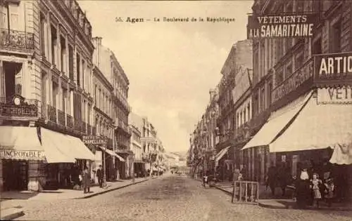 Ak Agen Lot et Garonne, Straße mit Geschäften, Boulevard de la République,  Ansicht, Schwarz-Weiß