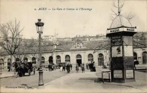 Ak Agen Lot et Garonne, Historische Bahnhofansicht, Kutsche, Lampen, MAGGI Werbung