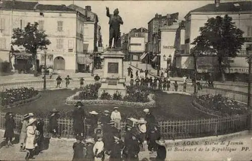 Ak Agen Lot et Garonne, Statue de Jasmin, Boulevard de la République