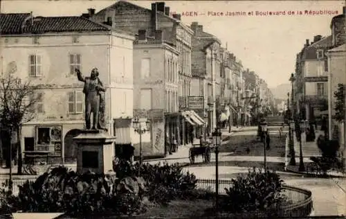 Ak Agen Lot et Garonne, Stadtansicht, Platz Jasmin, Boulevard de la République, Statue