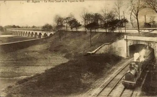 Ak Agen Lot et Garonne, Dampflok, Viadukt, Kanal, Landschaft,  Fotografie