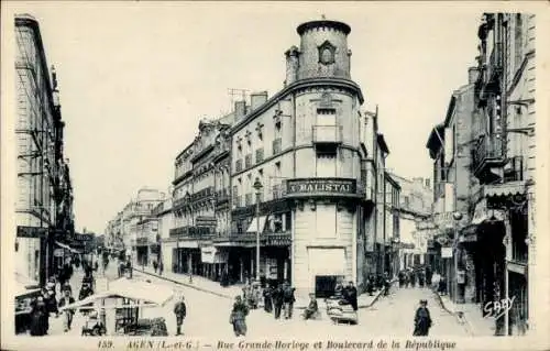 Ak Agen Lot et Garonne, Rue Grande-Horloge, Boulevard de la République,  Architektur, Straßenszen