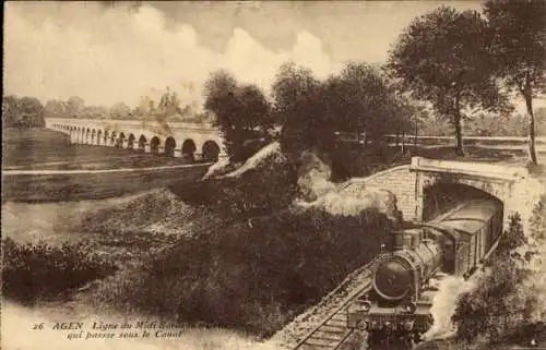 Ak Agen Lot et Garonne, Dampflok, Viadukt, Kanalschiff,  Szenerie