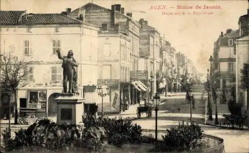 Ak Agen Lot et Garonne, Statue de Jasmin, Boulevard de la République, Straßenszene