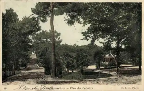 Ak Arcachon Gironde, Platz der Palmen, Bäume, Weg, Pavillon, alte 
