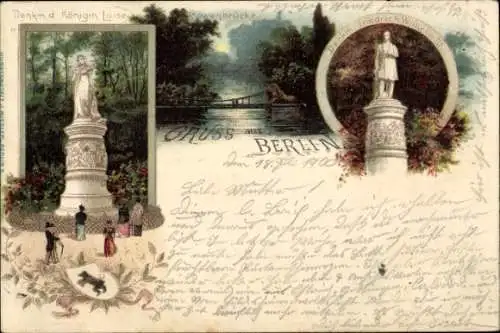 Litho Berlin Tiergarten, Löwenbrücke, Denkmal Königin Luise, Denkmal Friedrich Wilhelm III.