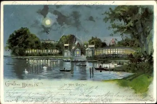 Mondschein Litho Berlin Tiergarten, In den Zelten, Teich