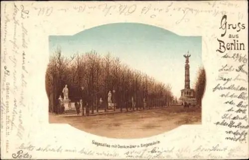 Präge Passepartout Litho Berlin Tiergarten, Siegesallee m. Denkmäler u. Siegessäule