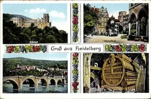 Ak Heidelberg am Neckar, Schloss, Schlosshof, Brücke, Das große Fass