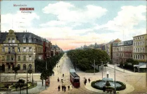 Ak Mannheim in Baden,  Kaiserring, Hotel National, Straßenbahn, Menschen