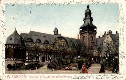 Ak Wiesbaden in Hessen, Restaurant, Aussichtsturm, Neroberg,  Ansicht, Parklandschaft