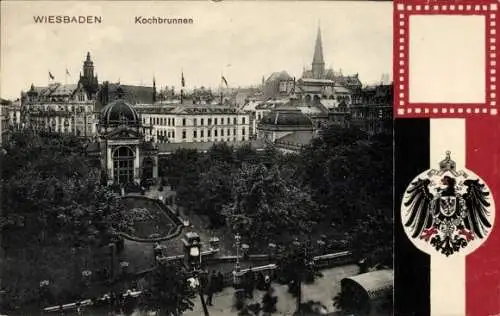 Ak Wiesbaden in Hessen, Stadtansicht, Kochbrunnen,  Architektur, Gartenanlage