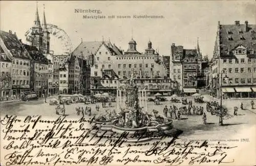 Ak Nürnberg in Mittelfranken, Marktplatz, neuer Kunstbrunnen