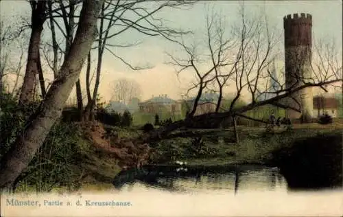 Ak Münster in Westfalen,  Kreuzschanze, Aussichtsturm, Gewässer, grüne Natur