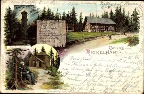 Litho Ilmenau in Thüringen, Kickelhahn, Gabelbach, Kickelhahnturm, Goethehäuschen