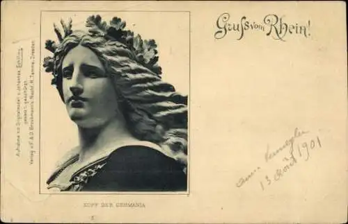 Ak Rüdesheim am Rhein, Niederwald Nationaldenkmal, Kopf der Germania, Statue, Gruss vom Rhein, Jo