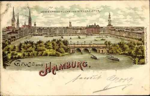 Litho Hamburg Mitte Altstadt, Lombardsbrücke und Binnenalster