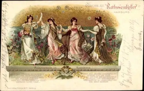 Litho Hamburg Mitte Altstadt, Rathsweinkeller, Wandgemälde im Rosenkranz, Damen beim Tanz