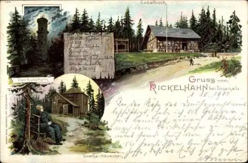 Litho Ilmenau in Thüringen, Kickelhahn, Gabelbach, Kickelhahnturm, Goethehäuschen