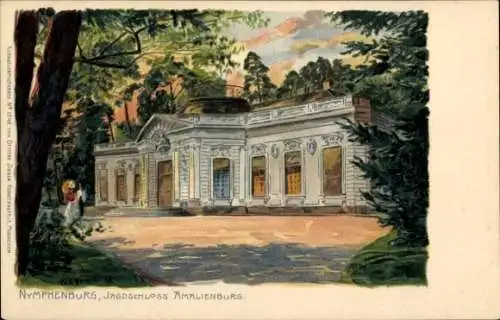 Ak Nymphenburg München Bayern, Jagdschloss Amalienburg, Fassade, Bäume, malerische Umgebung