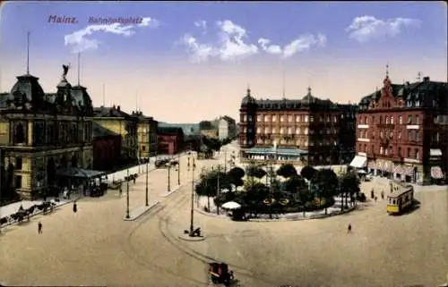 Ak Mainz am Rhein, Bahnhofsplatz, Straßenbahn