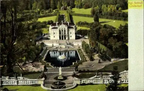 Ak Linderhof Ettal Oberbayern, Schloss  Gartenanlage, Brunnen, Statuen, Architektur