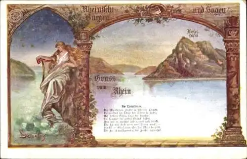 Künstler Ak St. Goarshausen am Rhein, Loreley, Felsen, Harfe