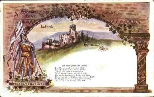 Ak Oberlahnstein Lahnstein am Rhein, Burg Lahneck, Ritter mit Schild, Burg Lahneck im Hintergrund