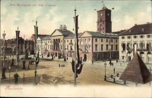 Ak Karlsruhe in Baden Württemberg, Marktplatz mit Rathaus