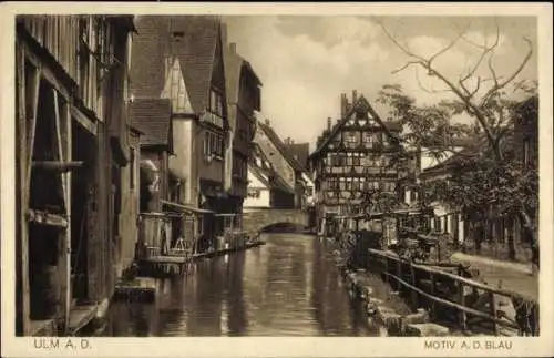 Ak Ulm an der Donau, An der Blau, Fachwerkhäuser, Kanal