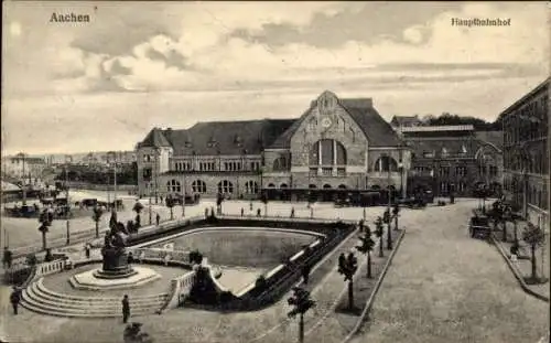 Ak Aachen, Blick zum Hauptbahnhof, Brunnen, Bäume