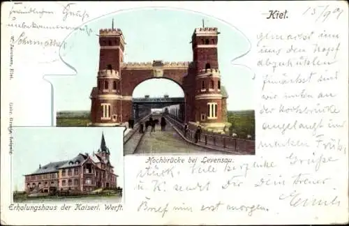 Ak Kiel, Hochbrücke Levensau, Erholungshaus, Kaiserliche Werft, Gründerzeitstil