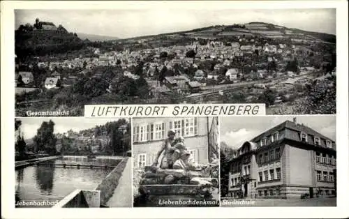 Ak Spangenberg in Hessen, Gesamtansicht, Liebenbachbad, Liebenbachdenkmal, Stadtschule
