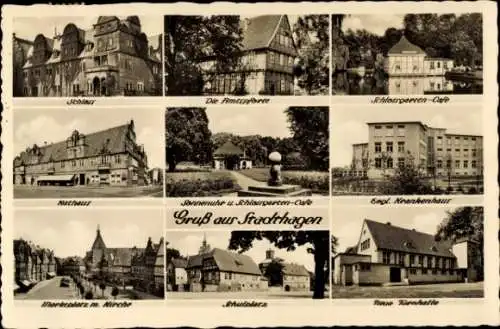 Ak Stadthagen in Niedersachsen, Verschiedene Gebäude, Schlossgarten-Cafe, Markt, Krankenhaus, Gru