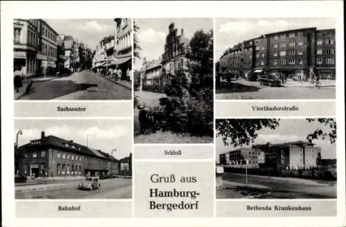 Ak Hamburg Bergedorf, Sachsentor, Schloss, Bahnhof, Vierländerstraße, Bethesda Krankenhaus