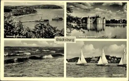 Ak Glücksburg an der Ostsee, Schloss, Segelregatta, Brandung