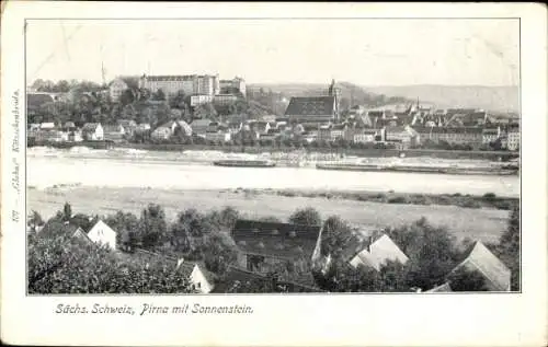 Ak Sonnenstein Pirna in Sachsen, Blick auf  Sonnenstein, Sächsische Schweiz, Fluss mit Booten