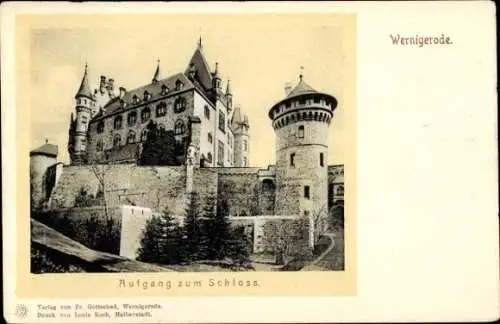 Ak Wernigerode im Harz, Schloss, Aufstieg, Architektur, Steinturm, Baumreihe