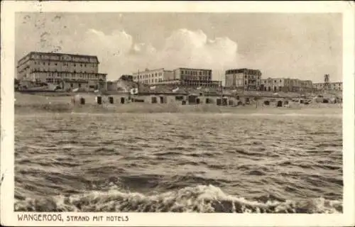 Ak Nordseebad Wangeroog Wangerooge in Ostfriesland, Strand mit Hotels, Wellen, Wolken, r Charme, 