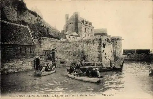 Ak Le Mont Saint Michel Manche,  L'Entrée, hohe Gezeiten, Boote,  Architektur
