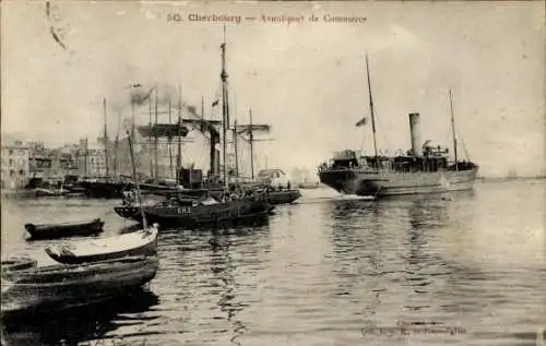 Ak Cherbourg en Cotentin Manche,  Hafenansicht, Schiffe, Wasser, Stadt im Hintergrund